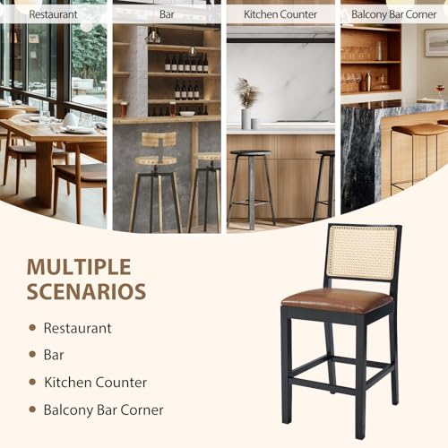 Image of Rattan Counter Height Bar Stools Set of 4, 26'' Modern Counter Stools with Cane Back, Mid Century Bar Chairs for Kitchen Counter /Home Bar /Restaurant, Brown