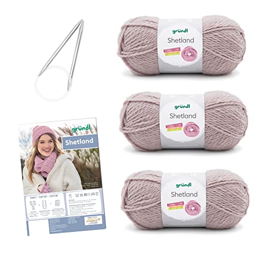 Gründl Wolle Shetland, Strickset aus 3 x 100 g Knäuel (80% Polyacryl, 20% Wolle) + Stricknadel in Sâ€¦ – Miniatur