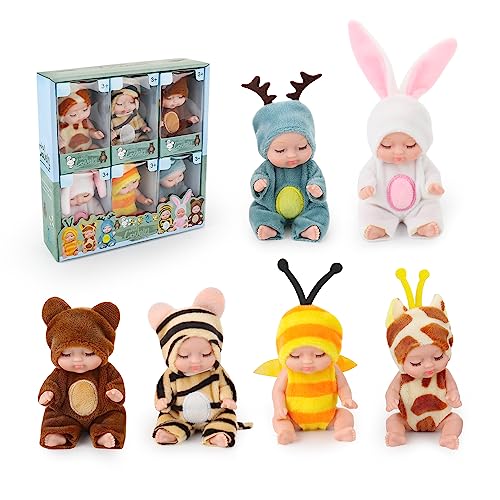 LUFEIS Mini Reborn Dolls, 6 Pcs Miniature Reborn Doll Toys, Mini Sleeping Rebirth Dolls, Realistic Baby Doll with Animal Clothes, 4 Inch Mini Reborn Cute Baby Dolls for Girls, Toddlers and Kids