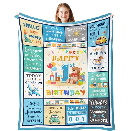Solzien 1 Year Old Boy Birthday Gift Blanket 50"x40", Gifts for One Year Old Son/Nephew/Grandson, 1st/First Birthday Decorations/Party Favors Boy