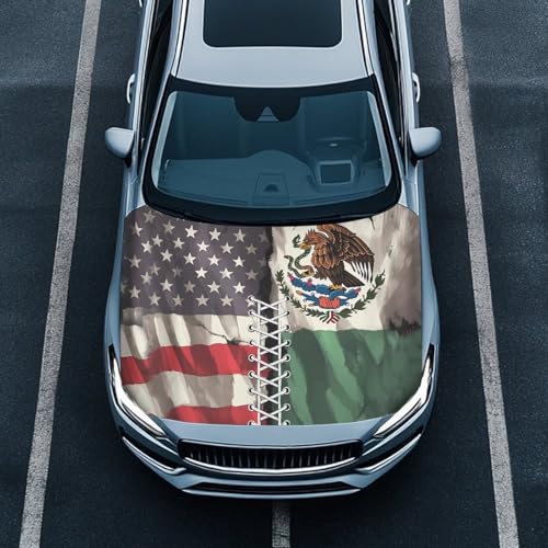 Image of American Mexican Flag Car Hood Cover Stretchable Polyester,Engine Cover,Elastic Fabrics Can be Washed,Car Bonnet All-Season Protection