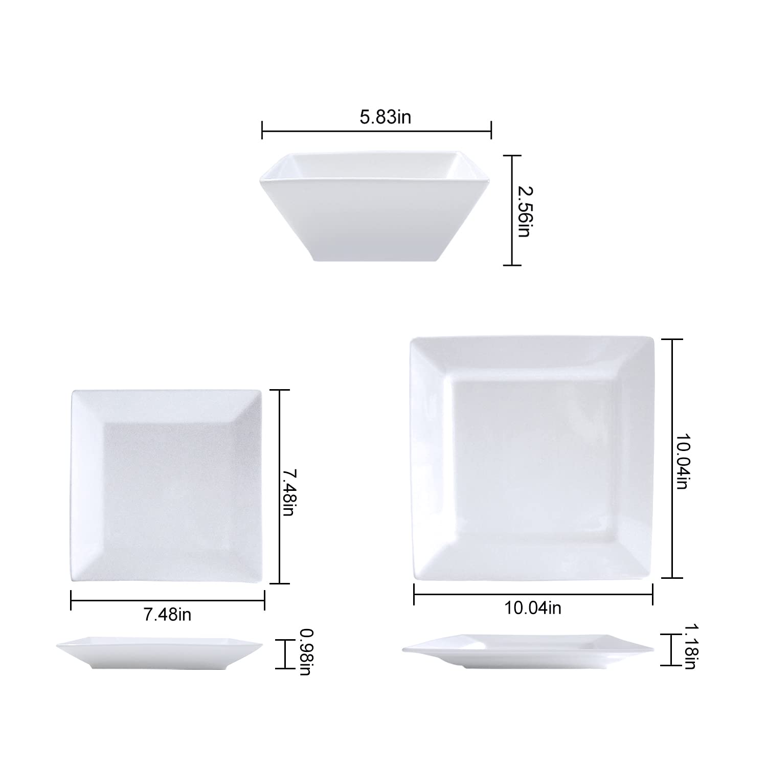 Set di stoviglie in ceramica, 12 pezzi, quadrati, per quattro, bianco, design resistente ed elegante per l'uso quotidiano e occasioni speciali