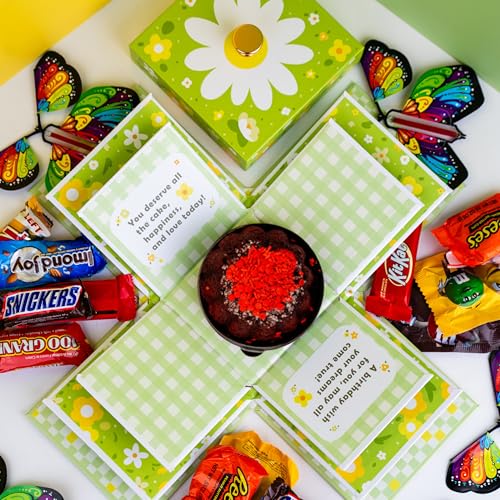 Happy Birthday Friend Explosion Gift Box by Send A Cake – Ready to Gift with Flying Butterflies, Candies, Chocolates & 3" Red Velvet Mini Bundt Cake – Fun Birthday Surprise for Women, Men & Friends