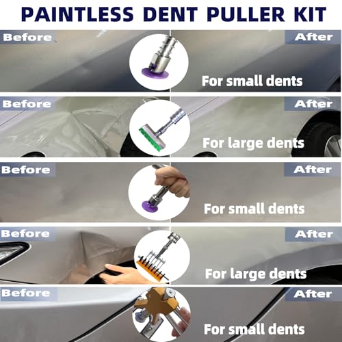 Image of Auto Body Dent Puller Kit for Dent Removal with Red Dent Lifter,T-Bar,Slide Hammer,Bridge Puller and More for Paintless Dent Removal Kit (104pcs-with dent Light)