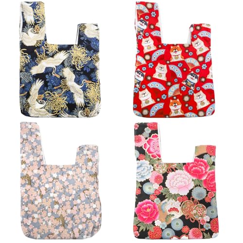 Youeon 4 Pcs Japanese Knot Bags, Portable Canvas Wristlet Pouches, Traditional Kimono Style Gift Bags, Small Handbags for Women, Travel, Party, Festivals & Everyday Use