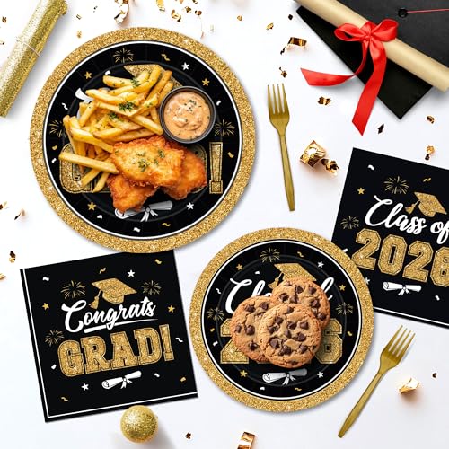 Image of QZYL 200Pcs Graduation Party Supplies 2026, Black and Gold Graduation Plates and Napkins, Disposable Grad Dessert Plates and Plastic Forks, Graduation Party Tableware for 50 Guests