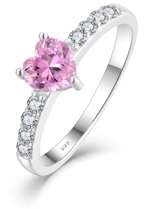 YL Heart Promise Ring for Women, Solid 925 Sterling Silver 18K White Gold Plated 6mm Birthstone Halo Eternity Jewelry