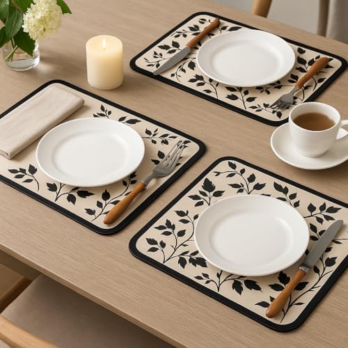 Image of YELONA Leather Dining Table Placemats Set of 2 - Waterproof, Heat Resistant, Anti-Slip, Easy to Clean Table Mats for Dining Table, Kitchen & Home Decor (Black Botanical, 40 x 30 cm)