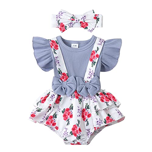 Image of Newborn Baby Girl Clothes Infant Romper Floral Suspender Dress Ruffle Sleeve Onesie Outfit Jumpsuit Headband Spring Summer