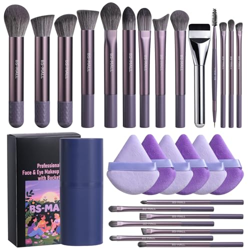 BS-MALL 21 Pcs Professional makeup brush set with foundation brush for liquid Makeup, eyeshadow Brush, concealer brush - Includes 6 Triangle Puffs & case for Even, Multi-purpose application (Purple)