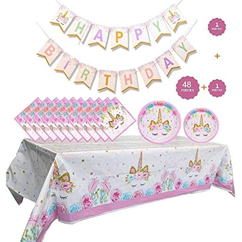 AinDen Unicorn Party Supplies Set - Unicorn Plates and Napkins Table Cover and Unicorn Banner, Magical Unicorn Birthday Party Decorations for Girls and Baby Shower Cover