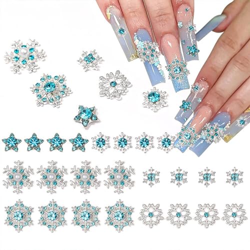 Christmas Nail Charms 3D Metal Alloy Blue Snowflake Nail Gems with Pearl Design Silver Nail Jewels Blue Rhinestones Nail Art Supplies for Women Girls DIY Acrylic Nail Manicure Decorations 30Pcs