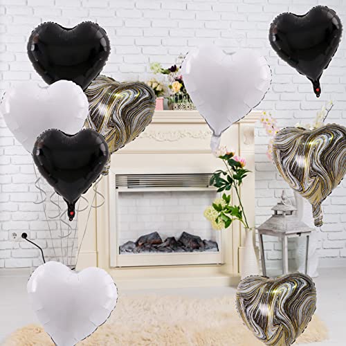 Image of Black White Foil Heart Balloons, 10PCS Black White Agate Heart Shape Balloons, Valentines Balloons 18inch Black Foil Balloon for Helium Valentine Decorations for Wedding, Baby Shower, Anniversary