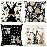 4 Stück Kissenbezug Ostern,40x40cm Osterdeko Leinen Kissenhülle,Osterdeko,Frühling Urlaub Kissenbezug Dekoration,Osterhase Kissenhülle,Hase Kissenbezüge Häschen Ostereiern,Für Zierkissenhülle Sofa (G)