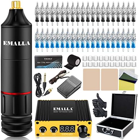 EMALLA Complete Rotary Machine Kit with Power Supply, 40Pcs Needles, Practice Skins Ink Caps Transfer Paper Machine Bags and Other Accessories, Professional Kit Ideal for Beginner and Artists