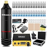 EMALLA Complete Rotary Machine Kit with Power Supply, 40Pcs Needles, Practice Skins Ink Caps Transfe