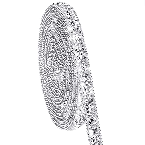 Ribbli Self Adhesive Resin Rhinestone Strips Diamond Ribbon,Rhinestone Sticker for Crafts,Silver Bling Wrap Roll Use for Cake Decoration(Silver,3/8 Inches x 3 Yards)