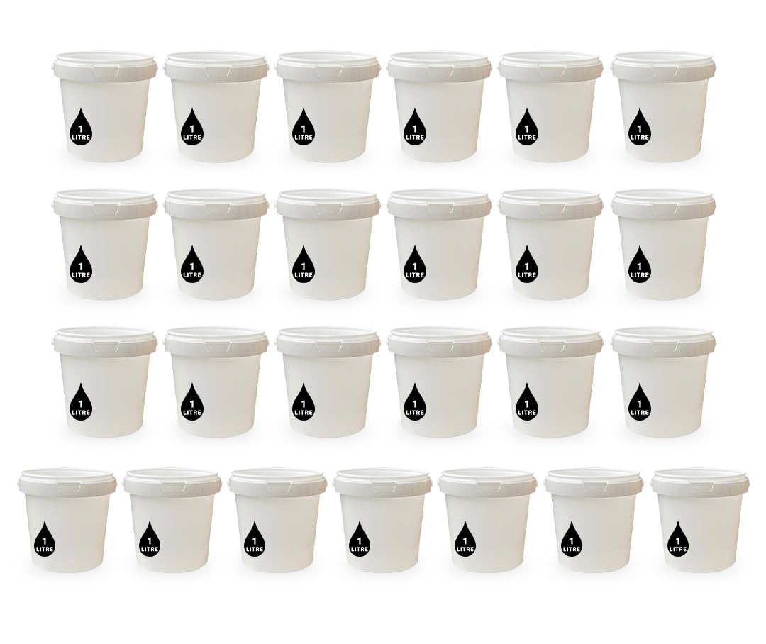 25 x 1L Plastic Bucket Pail + Handle & Lid - Heavy Duty ¦ Food Grade BPA Free ¦ Multi-use Fermentation Feed Dry Food Liquid Chemicals Hydroponics Storage Container WHITE