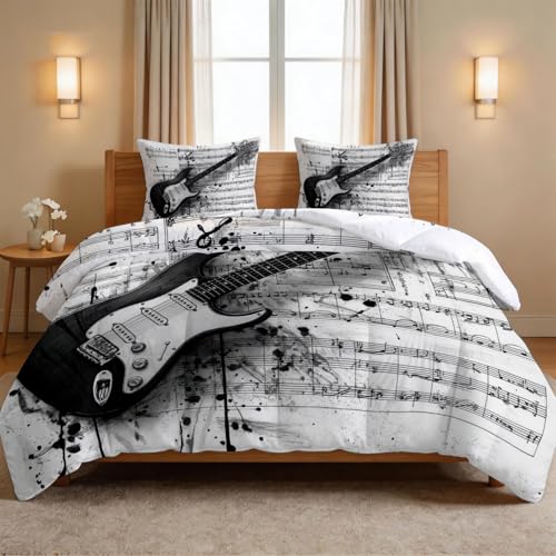 Couette 140 x 200 cm Lit 1 Personne, Édredon Moderne Musique, Couette Matelassée Réversible 220 GSM en Coton Lavé, Instrument Musique Guitare Portée Musicale Parure de Lit pour Enfants et Adultes