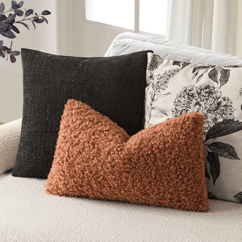 Image of Foindtower Set of 2 Curly Teddy Wool Pillow Covers Decorative Boucle Textured Lumbar Throw Pillow Faux Fur Sherpa Pillowcases Sheepskin Fuzzy Cushion Case for Sofa Bedroom Car 12 inchx20 inch Burnt Orange
