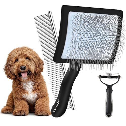 Image of 3 PCS Long Pin Wooden Slicker Brush and Comb Set for Dogs, Large | Dog Grooming Brush kits for Poodles, Goldendoodles & Golden Retrievers, Daily Detangling to Prevent Matting. Black