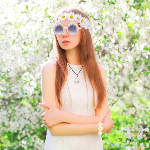 FUIPVGI 6 Pièces Costume Hippie Set Années 60 70 80 Accessoires Deguisement Hippie Femme, Bandeau de Fleur Marguerite Lunettes Rondes Collier et Boucles d'Oreilles de Signe de Paix bracelet(Blanc) – vue 3