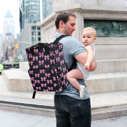 Mnsruu Diaper Bag Pink Bow Large Changing Backpack Multifunction Travel Tote Mommy Bag Baby Diaper Backpack for Mom Dad — view 5