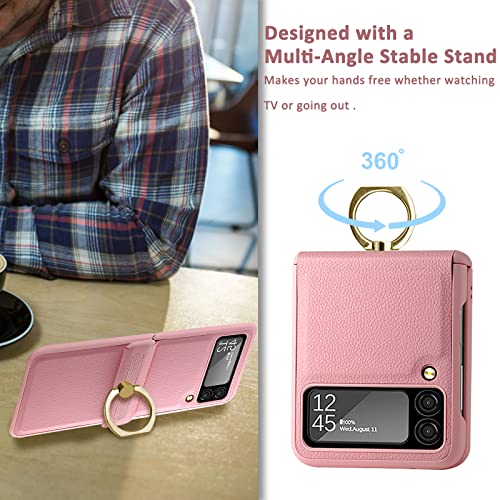 Ninki Ring Case Compatible For Samsung Galaxy Z Flip 3 5G Case With Screen Protector Hinge Protection,Slim & Thin Shockproof Hard Pc Leather Cover Protective Phone Case For Samsung Flip 3 Case Pink #TOP5