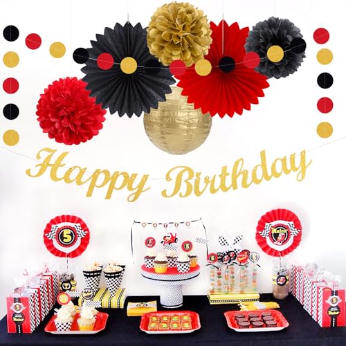 Image of Red-Black Gold Casino-Theme Birthday Party-Decorations - 21pcs Happy Banner,Game Night Paper Lanterns,Tissue Pom Poms Flower Fan,Honeycomb Ball,Swirl Streamers Garland Supplies Women Men Decor Huglony