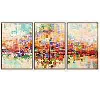 SIGNWIN Framed Canvas Wall Art Bright neon Color Buildings Block with Reflection Places Cityscape Oil Painting Abstract Modern Panoramic Colorful for Living Room, Bedroom, Office - 16