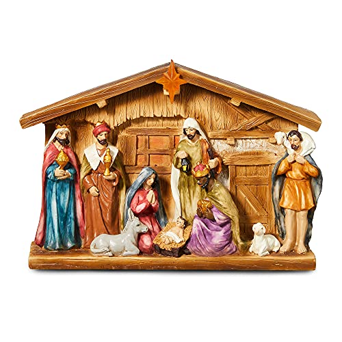 Image of Glitzhome Nativity Sets for Christmas Indoor with Light Star, Light Up Resin Nativity Scene Set for Tabletop Decor Hand Painted Lighted Christmas Nativity Figurines with Stable Xmas Manger Scene