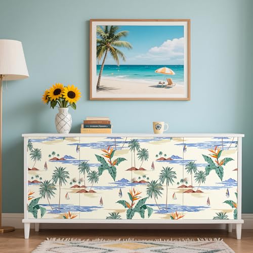 YENHOME Beach Themed Peel and Stick Wallpaper 17.5"X118" Beach Palm Trees Wallpaper for Bedroom Bathroom Self Adhesive Sailboat Tropical Beige Wall Paper Removable Contact Paper for Cabinets Desk by YENHOME - Used condition - Image 3