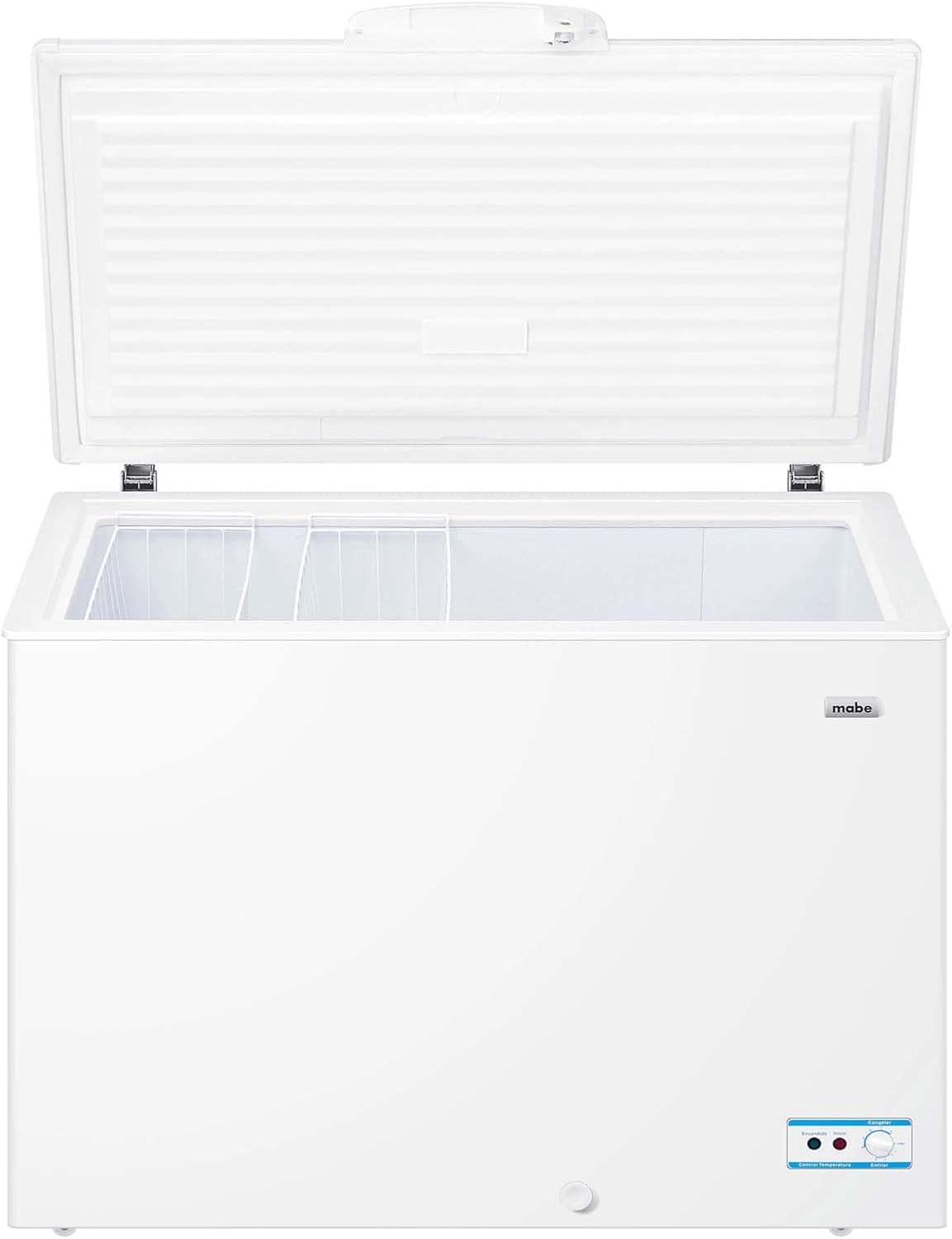 Top-down view of the Mabe CHM11BPL horizontal freezer with the lid open, revealing the interior storage space and divider.