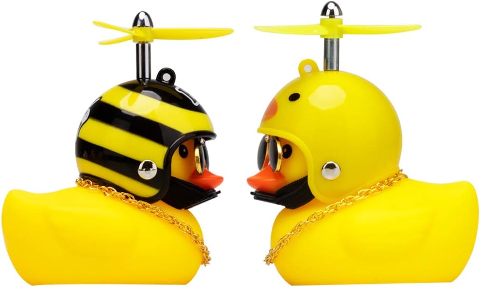Rubber Duck Car Ornaments, 2Pcs Yellow Duck Car Dashboard Decorations Squeeze Duck Bicycle Horns with Propeller Helmet
