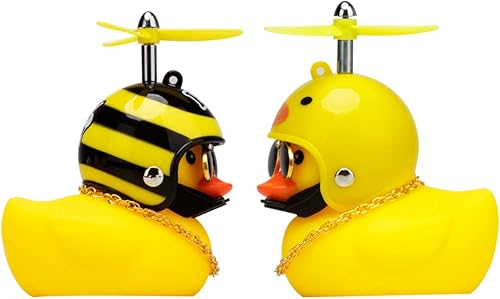 Miniatura 5 de Adornos de pato de goma para automóvil, 2 piezas de pato amarillo, decoraciones de tablero de automóvil, cuernos de bicicleta de pato con casco de