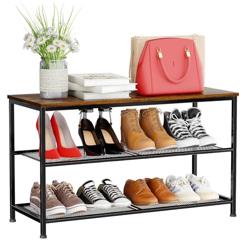 MWQ Bench Shoe Rack with Mesh Shelf and Wood Seat,