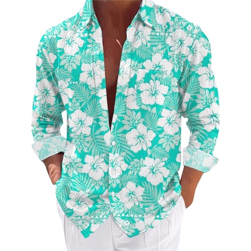 Camiseta de elastano con mangas para hombre, estilo casual, con botones, para playa, flores y trajes largos, azul claro, L