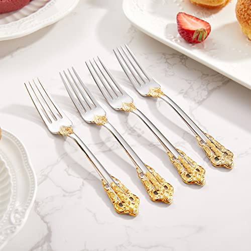 Keawell Gorgeous 6" Appetizer Forks, 18/10 Stainless Steel, Set Of 4, Cocktail Forks/Dessert Forks, Gold Accent #TOP4