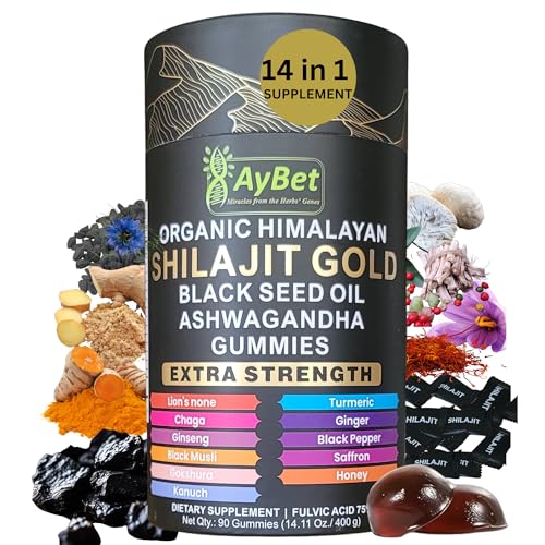 Organic Pure Himalayan Shilajit Gold Gummies for Men and Women, Black Seed Oil, Ashwagandha, Ginseng, Turmeric, Gokshura, Lion's None, Lab Tested,%75 Fulvic Acid, No Sugar Added, Halal, 90Gummy