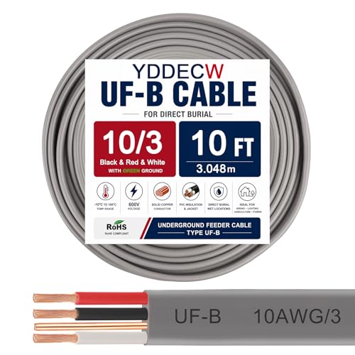 Image of 10 /3 UF-B Wire - 10FT 100% Pure Copper 10AWG 3 Connector Direct Burial Electrical Cable for Underground Feeder Wet or Corrosive Locations Indoor & Outdoor etc