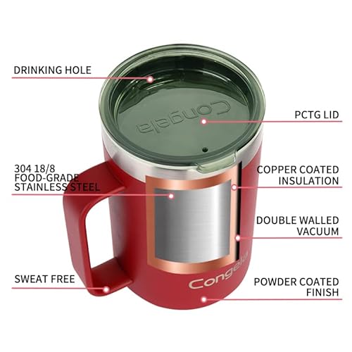 Congela 22Oz Premium Stainless Steel Insulated Coffee Mug With Big Handle, Double Wall Travel Tumbler Cup With Tritan Lid For Hot And Cold Drink(Brick Red,22Oz) #TOP3