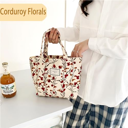 2PCS Small Tote Bag for Women Mini Canvas Embroidered Daisy Book Tote Bag Cute Corduroy Aesthetic Floral Reusable Bags for Grocery, Essentials, Water Bottle, Keys, Book, Bible4