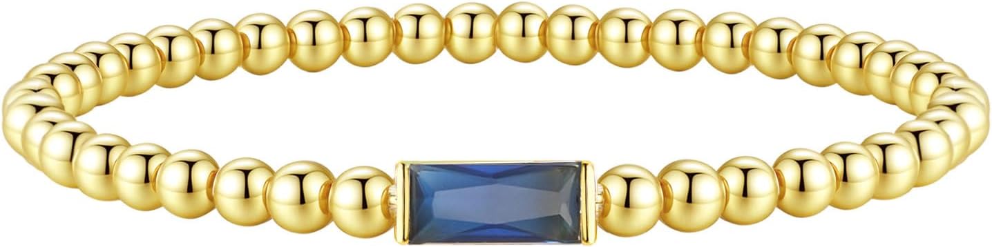 Birthstone Gold Beaded Bracelets for Women Non Tarnish Trendy Dainty 14K Gold Plated Cute Stackable Bead Stretch Friendship Bracelet Stack for Best Friend Couples Birthday Gifts Jewelry
