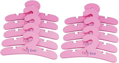 Emily Rose Muñeca de 14 pulgadas, paquete de 10 perchas de madera con muescas rosadas, accesorios para muñecas de cuerpo duro de 14 pulgadas, ropa