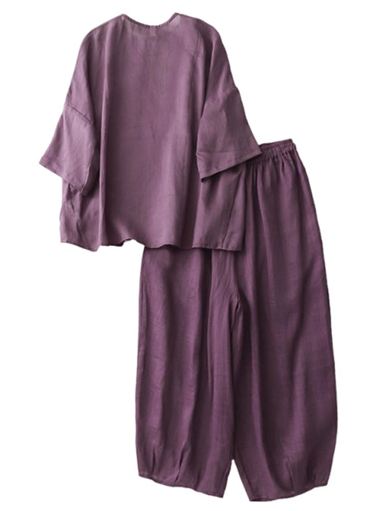 Conjunto de ropa de dos piezas mujer estilo Zen con pantalones sueltos y camiseta mangas 3/4 8