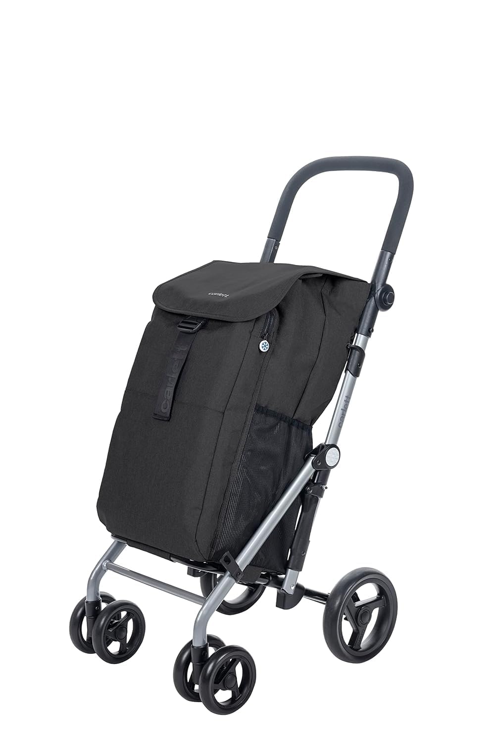 Carlett Chariot de Courses 4 Roues Pliable, Sac Amovible Grande Capacité 53 L / 15 kg et Sac Isotherme 10 L, Poignée Réglable, Frein de Sécurité, Convertible en 2 Roues, Classic Duo, Noir