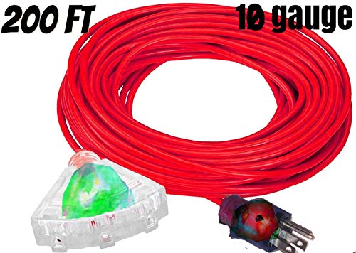 10/3 200 Ft Extension Cord Outdoor Heavy Duty Triple Outlet 10 Gauge Extension Cord 200 Ft 15 Amp, 1875 Watt (Extension Cord 200 Ft Outdoor , Red) #TOP1