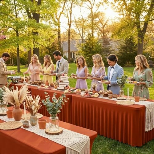 Image of HolidayIdeas 2 Pack Spandex Table Skirts for 6ft Rectangle Tables, Stretch Ruffle Cover for Boho Wedding, Rustic Garden Party, Outdoor Glamping Decor, Rust