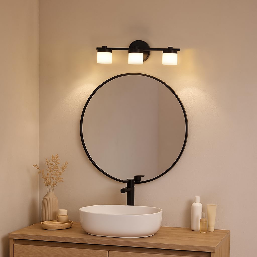 Alighting Moderne 3-flammige LED Badezimmer Wandleuchte in Schwarz – 40 cm breit, mit 3000K warmweißem Licht & satinierten Acrylschirmen, ideal für Spiegelbeleuchtung