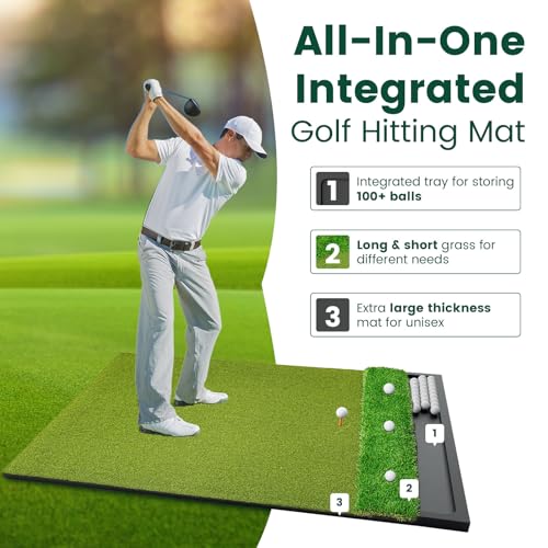 Image of Dual Turf Golf Hitting Mat with Ball Tray, Integrated Golf Practice Mat for Indoor & Outdoor Use Golf Training Mat with 3 Tees